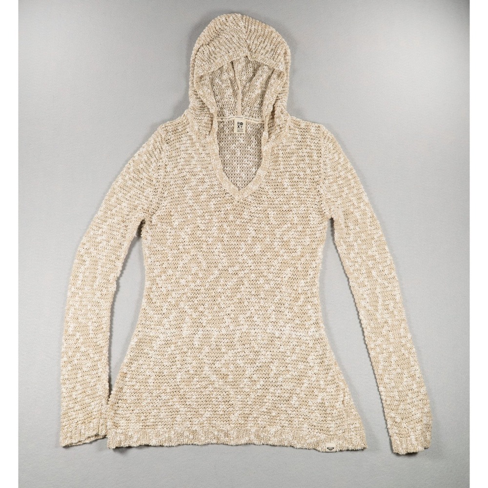 Roxy Hooded Knit Sweater Women's XL Beige Marled Boho Coastal Beach Pullover